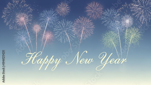 Happy new year celebration with colorful fireworks exploding in night sky