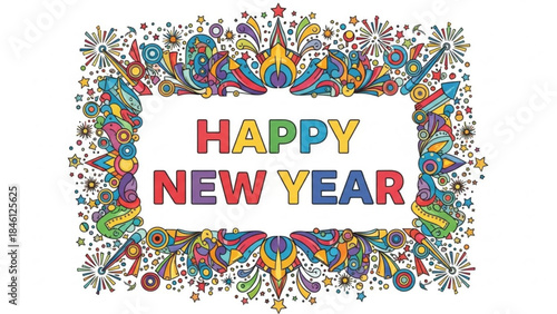 Colorful happy new year celebration background with decorative border fireworks and stars