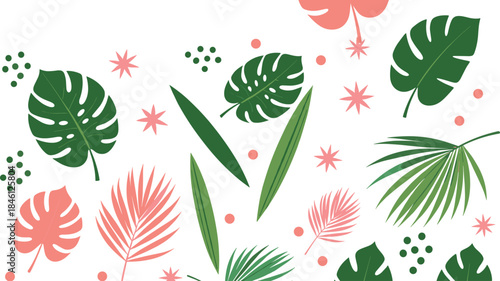 Tropical leaves and botanical elements set with monstera palm foliage in modern flat vector illustration