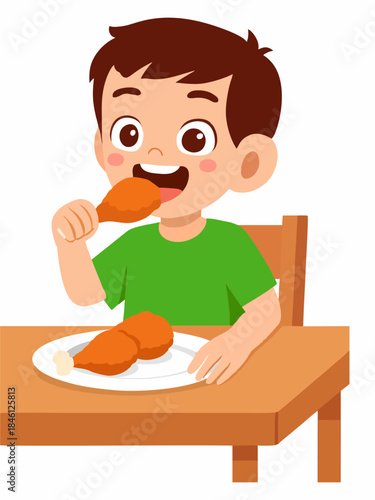 Cartoon illustration of a boy eating fried chicken