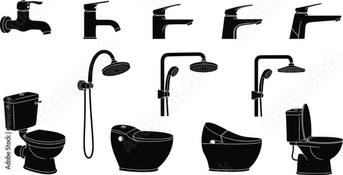 Bathroom fixtures silhouettes collection, faucets showers toilets icons, modern sanitary ware illustration set, plumbing equipment design elements, home bathroom accessories