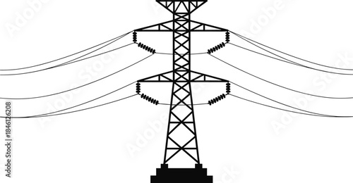 High-voltage transmission tower silhouette vector, power pylon illustration, electricity infrastructure design, energy distribution system, lattice structure, engineering concept