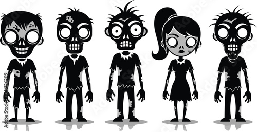 Cartoon zombie characters standing in a row, creepy undead illustration set, Halloween monster figures, spooky walking dead design elements for artwork