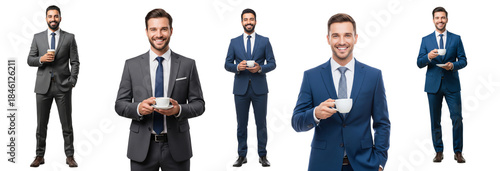 Diverse of smiling young business men holding coffee cup isolated on white or transparent background