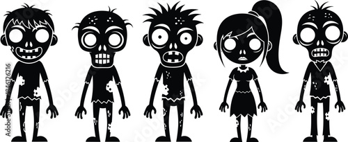 Cartoon zombie silhouettes collection, cute spooky undead characters set, Halloween monster illustration for games, kids designs, horror graphics, themed party projects