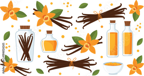 Vanilla spice elements collection with vanilla pods flowers extract bottles and essence isolated flat vector illustration