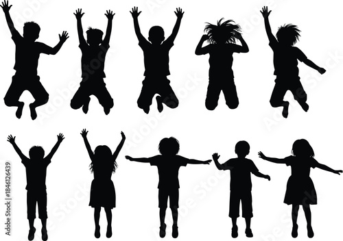 Children jumping with raised arms, joyful kids silhouettes in motion, playful childhood energy illustration, active outdoor fun, energetic happy youth set