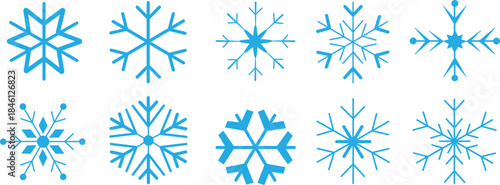 Snowflake Icons Set. Winter Ice Crystal Symbols, Blue Snow Flakes Vector Collection