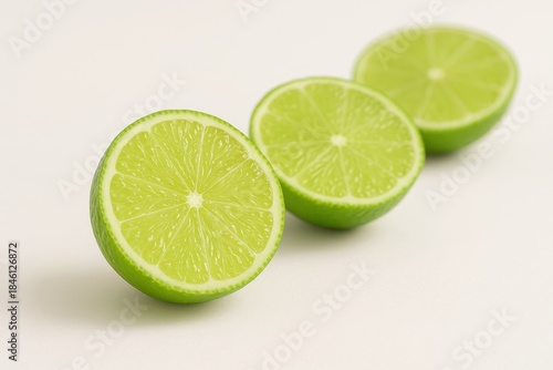 Three halves of lime arranged in gentle curve from front to back on white background juicy citrus detail for drink garnish recipe and vitamin c nutrition