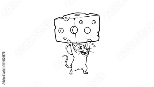 A cartoon mouse struggles to lift a large block of Swiss cheese, with sweat droplets indicating effort and strain as it balances the food item overhead.
