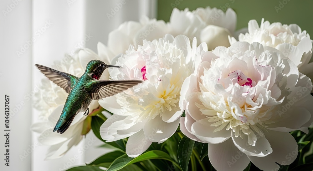 Obraz premium A hummingbird hovers mid-flight, near large, white peonies with a green backdrop