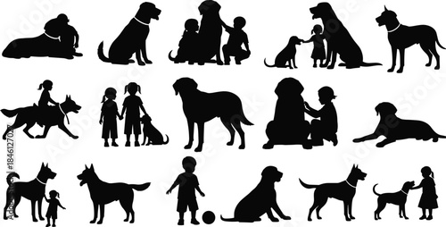 Children playing with dogs silhouettes, kids and pets interaction, friendly animals with children, companionship and bonding illustration, playful dog and child scenes