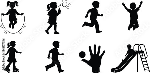 Children silhouette set showing various outdoor activities including skipping rope, blowing bubbles, running, jumping, skating, sliding, and playing ball together
