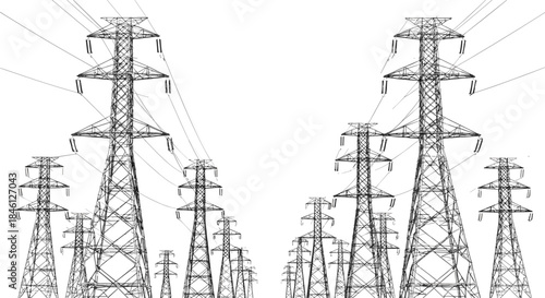 High-voltage transmission towers silhouette, parallel rows, steel lattice structure, power lines, electrical grid, black vector, energy infrastructure, urban distribution system