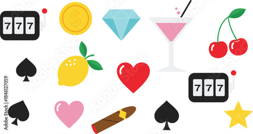 Casino and lifestyle flat icon illustration set with slot machine, cards, cocktail, diamond, hearts and lucky symbols