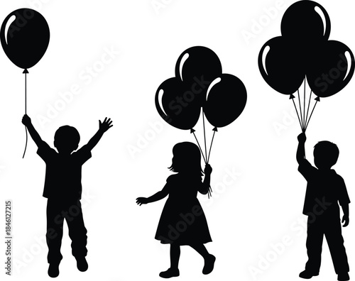 Children silhouettes holding balloons, playful kids celebrating, party balloon illustration set, joyful childhood moment artwork, happy outdoor festive scene design