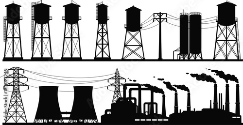 Industrial infrastructure silhouette, water towers, electrical poles, cooling towers, smokestacks, power lines, energy production, black vector, urban grid, manufacturing complex