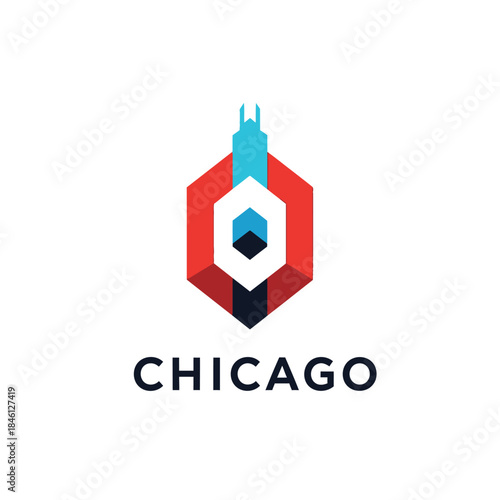 Abstract geometric representation of Chicago cityscape with iconic building and hexagonal frame