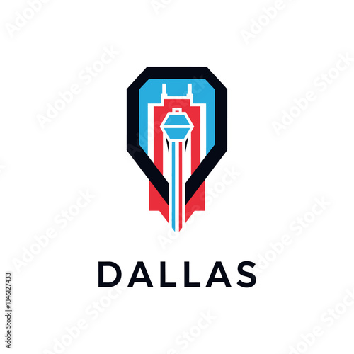 Modern vector icon of a Dallas city landmark tower, a graphic emblem with a red and blue design
