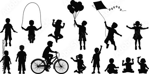 Children silhouettes playing outdoors, kids biking, skipping, flying kites, holding balloons, sitting and jumping, joyful childhood activity illustration set for creative projects
