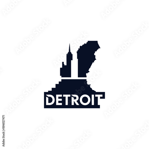 Detroit skyline silhouette graphic with the word Detroit in bold block letters on white background