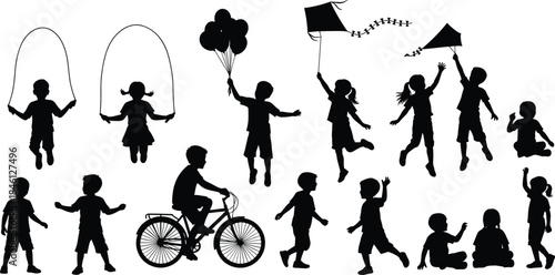 Children silhouettes playing outdoors, kids jumping rope, flying kites, biking, walking, sitting, joyful childhood activity set, playful outdoor illustration collection