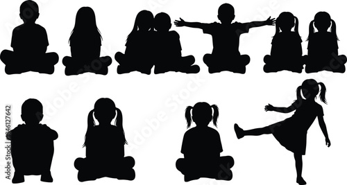 Children sitting and playing silhouettes, kids in relaxed poses and playful actions, childhood illustration set for education, family, friendship and activity themes