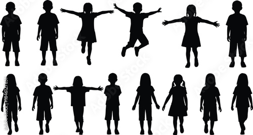 Children silhouettes standing and playing, kids in various poses, joyful childhood illustration set, expressive child figures for education, design, and creative projects