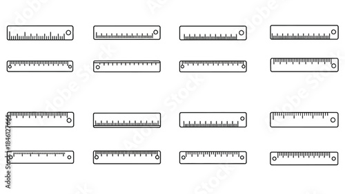 Collection of sixteen black and white icons of measurement rulers and scales