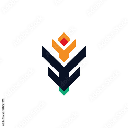 Modern abstract geometric emblem design featuring vibrant contrasting colors, symbolizing growth, innovation, and strength