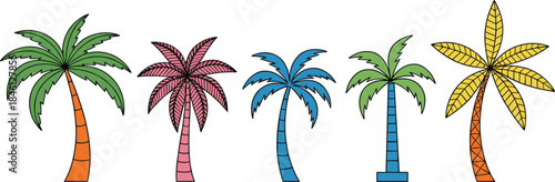 Colorful palm tree illustrations set with tropical summer trees in flat cartoon vector style