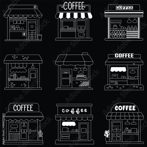 This image is a grid collection of nine minimalist line art illustrations depicting various styles of coffee shops, cafes, and street kiosks.