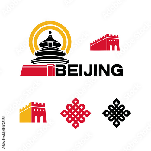 Stylized collection of iconic Beijing landmarks and traditional Chinese cultural symbols, perfect for travel and heritage themes