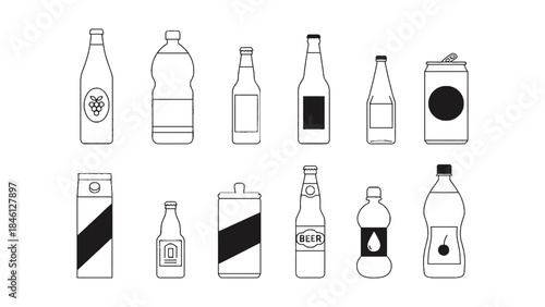 A collection of various beverage containers, including bottles, cans, and cartons, presented in a clean, line-art illustration against a white background.