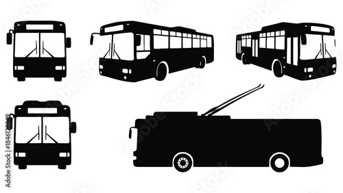 A collection of black silhouette illustrations of various types of buses, including a standard bus, a double-decker bus, and a trolleybus, presented from different angles on a white background.
