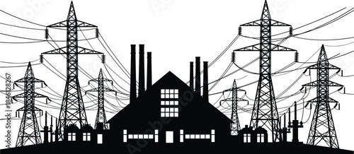 Industrial power plant silhouette, electricity transmission towers, high voltage lines, energy infrastructure, thermal station, urban grid, black vector, factory chimneys, distribution network