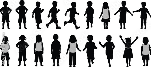 Collection of children silhouettes featuring standing, walking, running, playful poses, casual clothing, front and side views for childhood, activity, and design projects