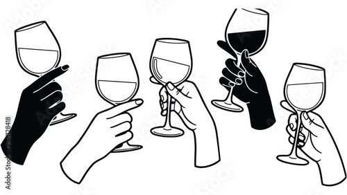 Multiple hands, some silhouetted and some outlined, are holding wine glasses filled with liquid, suggesting a celebration or a social gathering.