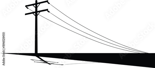Minimalist power line pole silhouette illustration with long shadows, abstract electricity transmission concept, modern black and white vector background