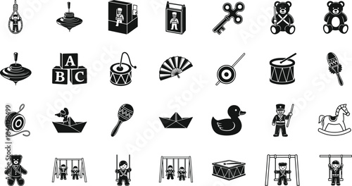 Collection of children’s toy icons, classic and vintage play objects including blocks, drums, swings, teddy bears, rocking horse, maracas, paper boats, key toys