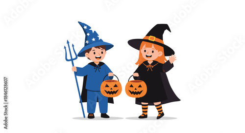 Cute cartoon children trick-or-treating in Halloween costumes, a boy dressed as a wizard and a girl as a witch, holding pumpkin baskets.