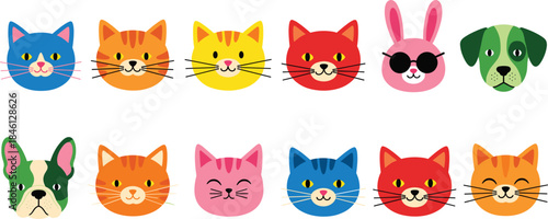 Cute colorful animal face icons set with cats, dogs and bunny characters in flat cartoon style