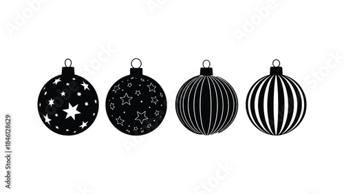 Four stylized black and white Christmas ornaments are displayed against a white background, with two ornaments featuring star patterns and two with ribbed designs.