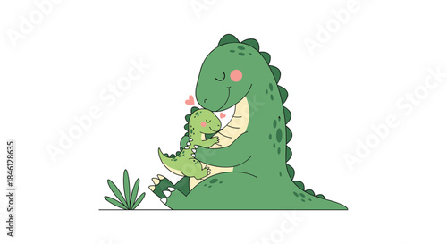 Heartwarming illustration of a loving mother dinosaur gently hugging her adorable baby, with small hearts symbolizing their strong family bond.