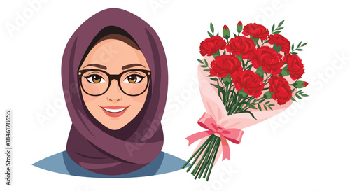 Portrait of a beautiful smiling Muslim woman wearing glasses and a purple hijab, next to a lovely bouquet of red carnation flowers.