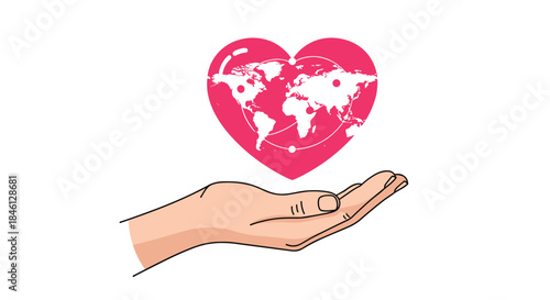 Open hand gently holding a floating pink heart with a world map inside, symbolizing global love, peace, charity, and international unity.