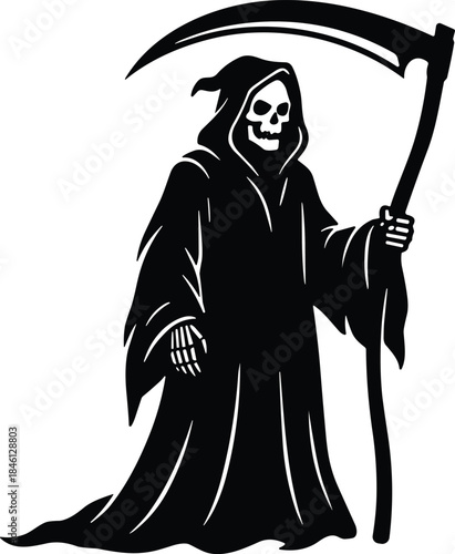Grim reaper silhouette illustration, death scythe gothic horror character vector icon design
