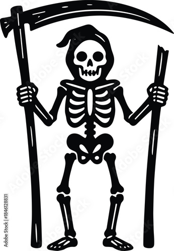Skeleton grim reaper illustration, cartoon death scythe character halloween vector icon designPrint