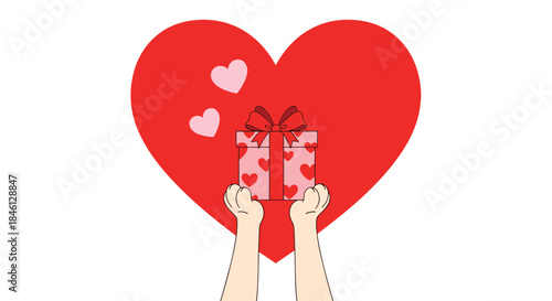 Two hands holding up a pink gift box patterned with hearts in front of a large red heart, symbolizing an offering of love and affection.