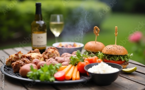 A joyful outdoor vegetarian barbecue gathering in a lush garden. High quality